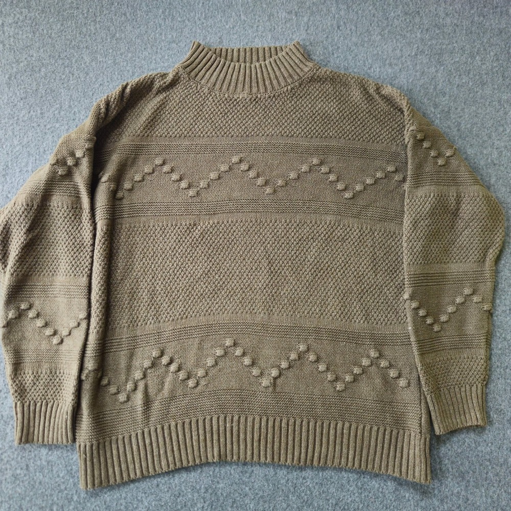 Bobble Knit Sweater L Olive Mock Neck Hygge Relaxed Gremlin Cabin Diane Keaton